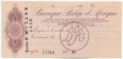 Belgium / Brüsszel ~1930. "Banque Belge d'Afrique sa Bruxelles" kitöltetlen csekkje, "Agence de Leopoldville" bélyegzéssel T:F Belgium / Brussels ~1930. "Banque Belge d'Afrique sa Bruxelles" blank cheque with "Agence de Leopoldville" overprint C:F