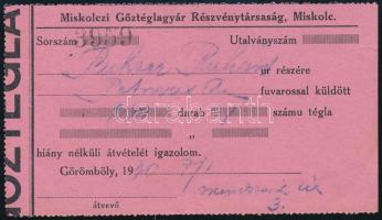 Miskolc 1930 "Miskolczi Gőztéglagyár Részvénytársaság" téglaátvételi elismervény