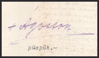 Fischer-Colbrie Ágoston (1863-1925) kassai püspök 1 aláírása egyházi levélen