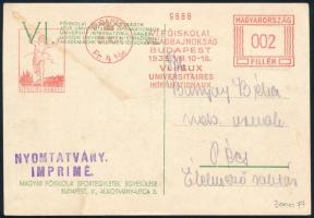 1935 Levelezőlap frankotip bérmentesítéssel nyomtatványként Pécsre küldve "VI. FŐISKOLAI VILÁGBAJNOKSÁG BUDAPEST" alkalmi bélyegzéssel