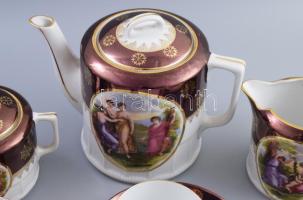 cca 1940, Csehszlovák altwien-stílusú historizáló 4 személyes teás szett, jelzett, kopással