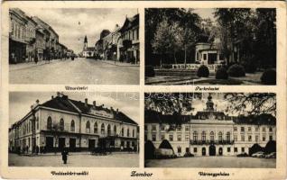 1944 Zombor, Sombor; utca részlet, park, Vadászkürt szálloda, rendőr, Vármegyeháza / street view, park, hotel, policeman, county hall (Rb)