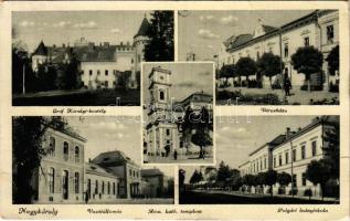 1944 Nagykároly, Carei; Gróf Károlyi kastély, Városháza, vasútállomás, Római katolikus templom, Polgári leányiskola / castle, town hall, railway station, Catholic church, girl school (kis szakadások / small tears)