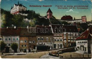 Segesvár, Schässburg, Sighisoara; Piac tér az evangélikus gimnáziummal, F. Lingner üzlete / market square, Lutheran grammar school, shops (EB)