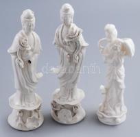 3 darab Blanc de Chine de Gayin figura, közte jelzett, sérüléssel, m: 18-22 cm