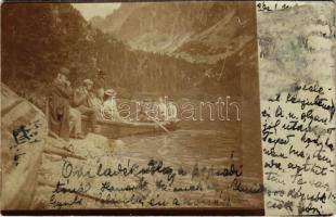 1904 Tátra, Magas-Tátra, Vysoké Tatry; Omladék völgy a Poprádi tónál, csónakázók / Popradské pleso / lake with rowing boat. photo (fl)