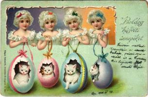 1900 Boldog húsvéti ünnepeket! Cicák tojásban / Easter greeting, cats in eggs. Art Nouveau litho (EK)