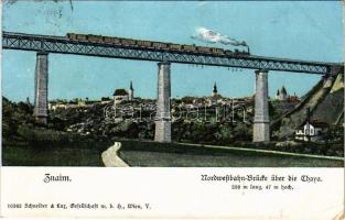 1910 Znojmo, Znaim; Nordwestbahn-Brücke über die Thaya / railway bridge, locomotive, train (small tear)