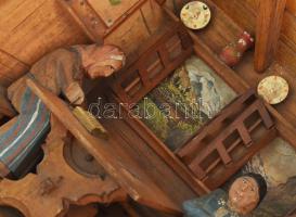 Régi esztergált svájci "3D" falikép, nem működő zeneszerkezettel, 23x37 cm