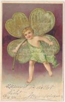 1905 Gyerek lóherével / Child with clover. Emb. litho (ázott / wet damage)