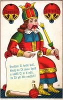 Posílám ti krále kulí, ktery na te pusu spolu a udelá ti to k vuli ze te pri hre neozulí! / Cseh üdvözlőlap, magyar kártya / Chech greeting, German-suited playing card. V.K.K.V.