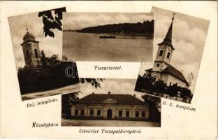 1936 Tiszapalkonya, Tisza részlet, Református templom, Római katolikus templom, Községháza. Hangya szövetkezet kiadása (fl)