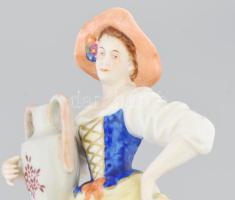Rudolf Kammer porcelán borász hölgy figura, jelzett, kopással, m: 15,5 cm