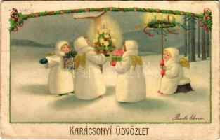 Karácsonyi üdvözlet / Christmas greeting art postcard with angels s: Pauli Ebner (fl)