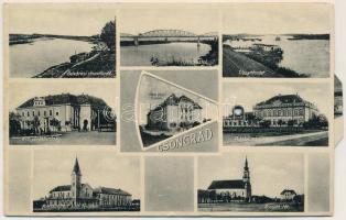 1934 Csongrád, Belvárosi strandfürdő, Tisza részlet, híd, Kir. Járásbíróság, Polgári leányiskola, Pi...