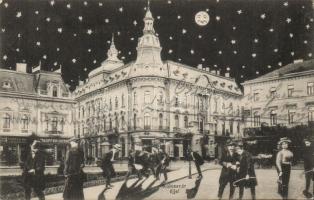 Kolozsvár at night with New York Palace and the shops of Dezső Tauffer and Schefer (Rb)