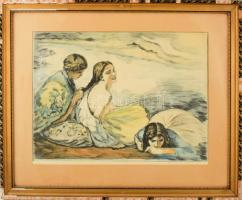 Iványi Grünwald Béla (1867-1940): Cigánylányok a lápos partján. Színezett rézkarc, papír, jelzett. Ü...