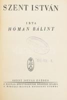 Hóman Bálint: Szent István. Bp., 1938, Kir. Magyar Egyetemi Nyomda. Fekete-fehér képekkel illusztrálva, részben kihajtható mellékletekkel, térképekkel. Kiadói egészvászon-kötés, sérült gerinccel, kissé kopott borítóval, intézményi bélyegzőkkel, néhány kevés lap szélén kisebb, szöveget nem érintő sérülésekkel.