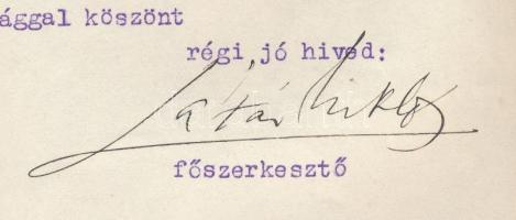 Lázár Miklós (író, 1886-1968) autográf aláírása a Reggel c. lap fejléces levélpapírján