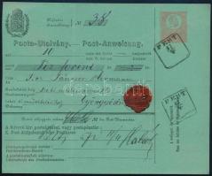 1872 5kr díjjegyes postautalvány Gudlin katalógusban ismeretlen négyszögletes "PEST" bélyegzéssel Gyöngyösre