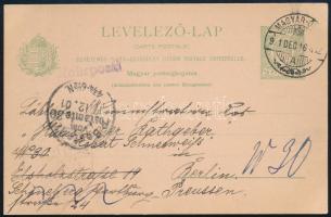 1901 Díjjegyes levelezőlap Magyaróvárról Berlinbe, ott csőpostával továbbítva