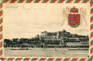 1901 Budapest I. Királyi vár és várbazár. Szecessziós, dombornyomott címer / Art Nouveau, Emb. litho coat of arms (lyuk / pinhole)