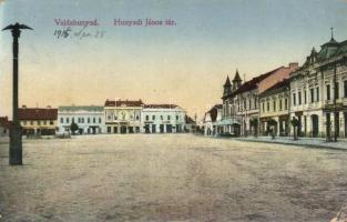 Vajdahunyad Hunyadi square with the shops of Károly Csuts, Adolf Klein, Izidor Salamon and Samuel Sternheim (EK)