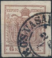 1850 6kr HP III vörösesbarna, Papierkorn &quot;(MA)ROSVÁSÁ(RHELY)&quot;