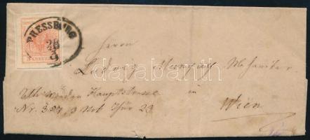 1856 3kr MP III távolsági levélen teljes tartalommal "PRESSBURG" - "WIEN"