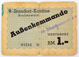 Német Harmadik Birodalom / Buchenwald koncentrációs tábor DN (~1940) 1M tábori pénz "SS-Arbeitskommando A6" felülbélyegzéssel T:VG szakadás, folt, anyaghiány German Third Reich / Buchenwald Concentration Camp ND (~1940) 1 Reichsmark lagergeld with "SS-Arbeitskommando A6" overprint C:VG tear, spot, material error