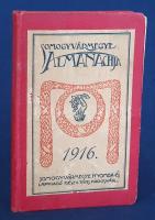 Somogyvármegye Almanachja 1916. Tizenegyedik évfolyam. Szerkeszti Sebők Jenő. Kaposvár, 1916. Somogyvármegye Nyomda- és Lapkiadó Rt. [4] + 223 + [25] p. + 9 t. A naptári rész után posta- és távírdai díjszabás, a postacím pontosságát célzó járási beosztás, majd az évkönyv törzsanyagát jelentő személyi anyag a vármegye főrendjeiről, tiszti karáról, egyházi, pénzügyi vezetéséről, gazdasági vállalkozásairól és iskolahálózatáról, különös tekintettel Kaposvár városára. A néhány háborús szövegközti rajzzal illusztrált irodalmi rész a folyó háborúban elesett somogyi hősöknek állít emléket, illetve a megye politikai lapját, a Somogyvármegyét méltatja. A 223. oldal után a helyi vállalkozások képes hirdetési anyaga. Illusztrált kiadói egészvászon kötésben. Jó példány.