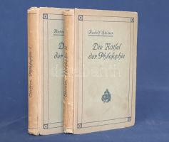 Steiner, Rudolf:  Die Rätsel der Philosophie in ihrer Geschichte als Umriss dargestellt. Zugleich neue Ausgabe des Werkes: Welt- und Lebensanschauungen im 19. Jahrhundert ergänzt durch eine Vorgeschichte über abendländische Philosophie und bis zur Gegenwart fortgesetzt. 1-2. Band. [Teljes mű két kötetben.] Berlin, (1918). Verlag Siegfried Cronbach (Druck von A. W. Hayn's Erben, Potsdam). XXIV + 240 p.; VII + [1] + 255 + [1] p. Rudolf Steiner (1865-1921) osztrák antropofózus, gnosztikus gondolkodó polihisztor dolgozata a nyugati filozófia és világlátás történetéről, két kötetben. A mű első kiadása 1914-ben jelent meg, tételünk a munka negyedik, átdolgozott kiadásából való. Példányunk előzékeinek fűzése meglazult. Egységes, feliratozott, sérült gerincű kiadói egészvászon kötésben.