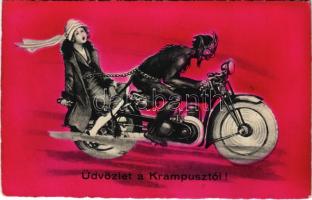 1936 Üdvözlet a Krampusztól / Krampus with lady on a motorcycle, motorbike, chains. B. R. & Co. 8996. (EK)