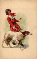 Lady art postcard with dog. Amag O. 11.