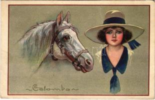 Italian lady art postcard with horse. 1676-1. s: Colombo (EK)