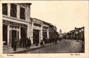 Focsani, Foksány (Moldavia); Strada Unirii, George J. Poppescu & Co., Bazarul de Mobile Samuil Marco, Mode / street, shops (EK)