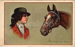 Italian lady art postcard with horse. 1676-3. s: Colombo (EK)