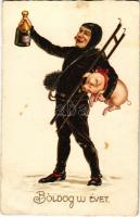 1932 Boldog Újévet / New Year greeting art postcard with chimney sweeper, champagne and pig. Amag Nr...