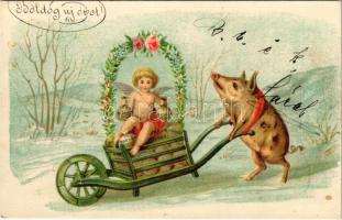 1904 Boldog Újévet / New Year greeting art postcard with pig and wheelbarrow. litho (fl)