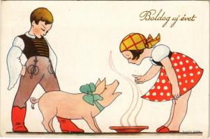 Boldog Újévet / New Year greeting art postcard with pig, Hungarian folklore s: Sz. Glatz Ilona (EK)