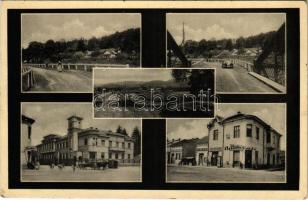 Szolyva, Svalava, Svaljava, Szvaljava, Svaliava; mozaiklap, híd, automobil, Schláger Károly üzlete, Bata cipőbolt / multi-view postcard, bridge, automoblie, shops