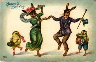 1914 Húsvéti üdvözlet / Easter greeting art postcard with dancing rabbits and chicken. EAS litho (fl)