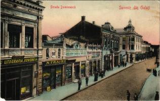 1917 Galati, Galatz; Strada Domneasca, Litografia Schenk, N. Traina, Griffon / street, shops (EM)