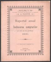 1901 ,,Mercur" Societate actionară de imprumut si păstrare in Năsăud. Raportul anual si Incheierea compturilor pe I-ul an de gestiune 1900. / Merkur Takarék- és Hitel Rt., Naszód. Beszámoló és zárszámadás az 1900. (I.) üzleti évről. Bistrită (Beszterce), 1901, Carol Csallner-ny., 13+(3) p. Román nyelven. Tűzött papírkötés.