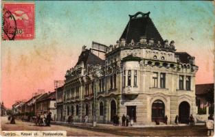 Eperjes, Presov; Kassai út, Postapalota, Zavaczky Gyula könyvnyomda üzlete / street, post palace, book printing shop (fl)