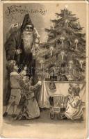 Karácsonyi üdvözlet / Christmas greeting art postcard with Saint Nicholas and toys. litho (EK)