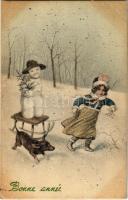 1923 Bonne année / New Year greeting art postcard with snowman, sled and dog. V. K. Vienne 5036. (fl)