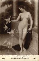 Femme aux colombes / Woman with doves. Erotic nude lady art postcard. Salon de Paris s: J. A. Hanriot (EK)