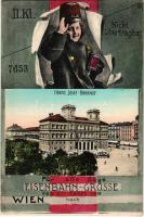 1908 Wien, Vienna, Bécs; Franz Josef Bahnhof, Nicht übertragbar - Für alle Züge Eisenbahn-Grüsse von der Fahr von Wien nach / Railway station with greetings, montage (EK)