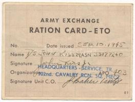 Amerikai Egyesült Államok 1945. "Háborús fejadag igazolvány" kitöltve, felülbélyegzéssel T:F USA 1945. "Army exchange - ration card-eto" filled out, with overprint C:F